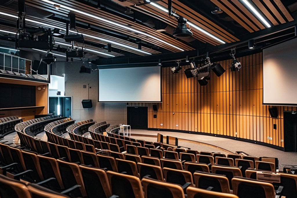 Empty modern lecture hall with advanced AV equipment installed, ready to deliver improved audience engagement.