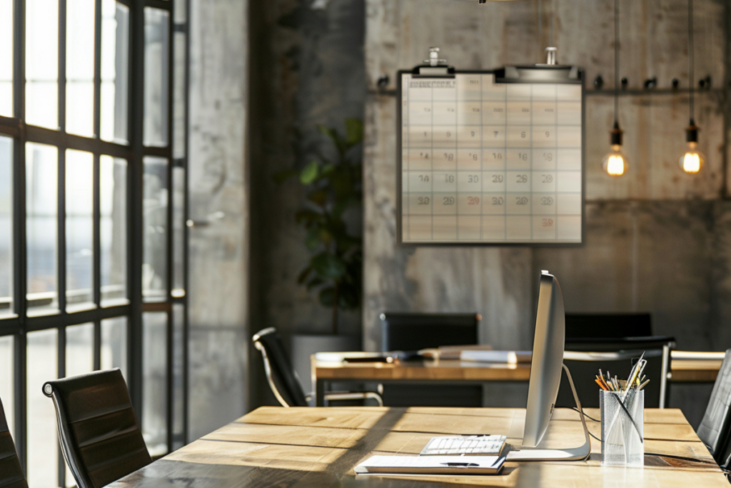 A wall calendar in a modern office, marked with scheduled dates for regular AV equipment maintenance.