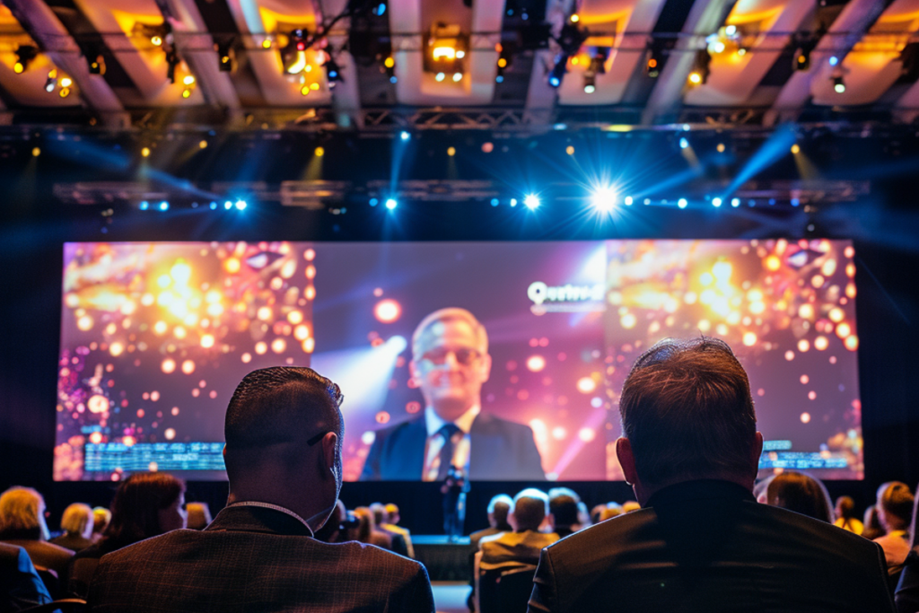 Audience at a corporate event engaging with a speaker, enhanced by audiovisual technology.