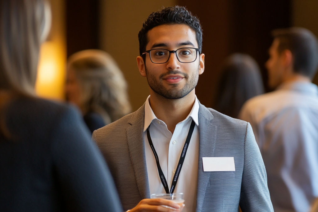 Business professionals engaging in a conversation at a networking event during a conference, emphasizing personal interaction and professional exchange.