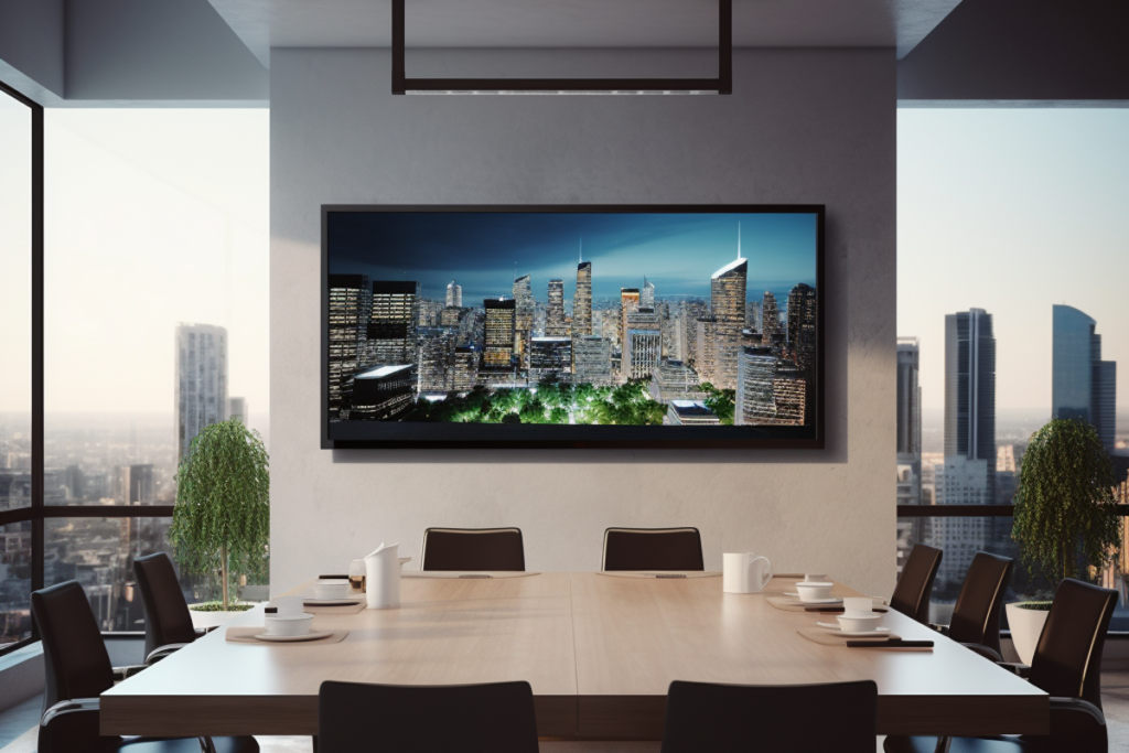 Modern conference room featuring a panoramic display of a cityscape, symbolizing global connectivity and advanced business meeting environments.