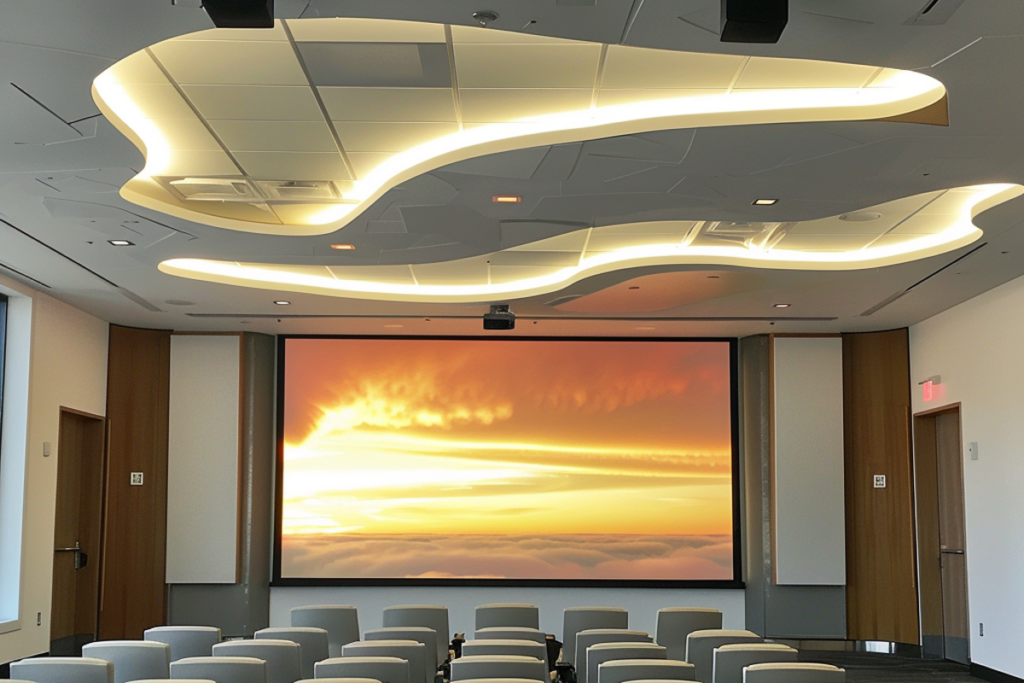 Modern conference room featuring advanced AV setup with dynamic ceiling lighting and large screen displaying sunset.