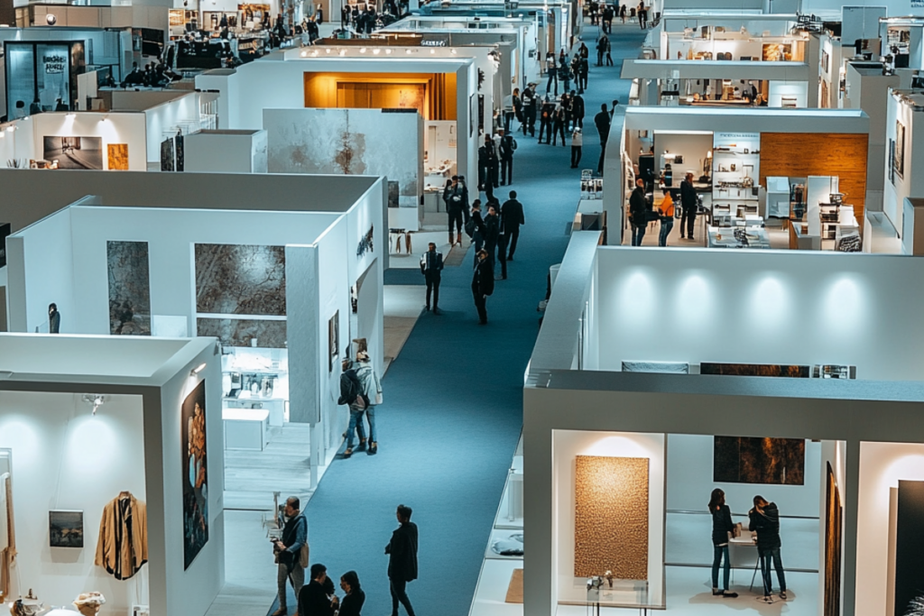 Overhead view of a modern trade show floor, featuring sleek booth designs and ambient lighting, showcasing the impact of effective AV installations in enhancing exhibitor presentations.