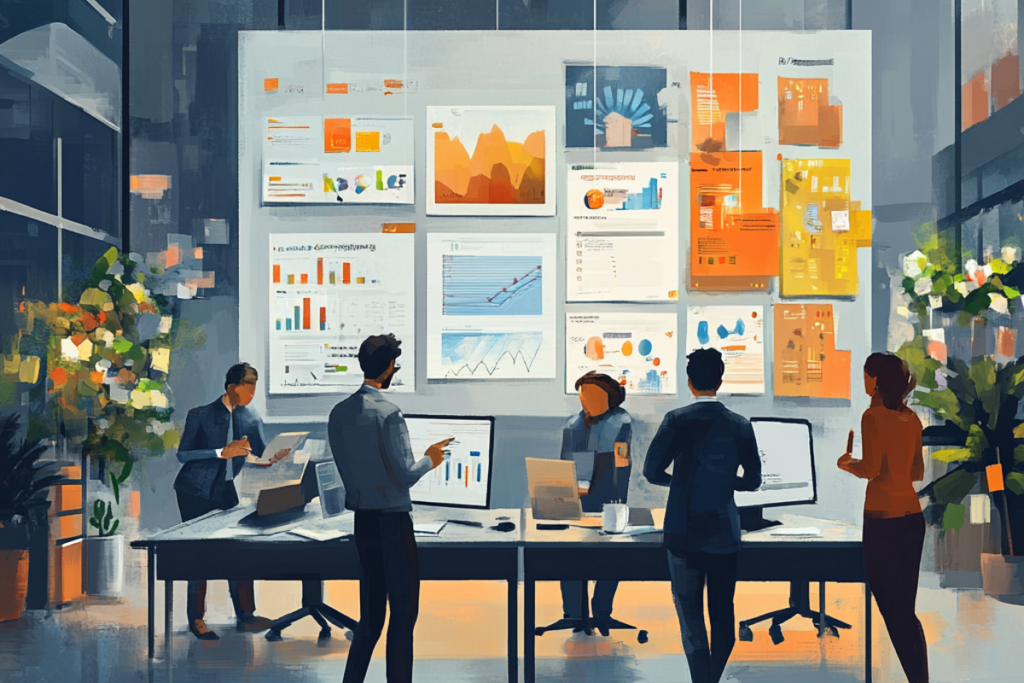 Digital collage depicting a business team analyzing data and collaborating in a modern office environment, highlighting the seamless integration of technology and teamwork.