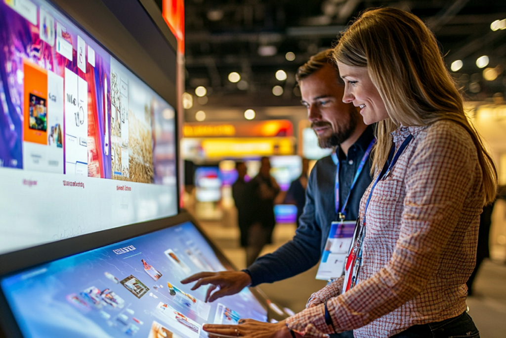 Attendees using interactive touch screens at a trade show, demonstrating modern digital solutions for engaging presentations and demonstrations.