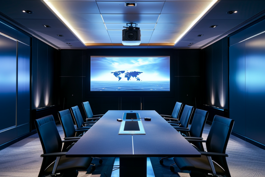 Sleek corporate boardroom equipped with high-end AV technology including wall screens and ambient lighting.