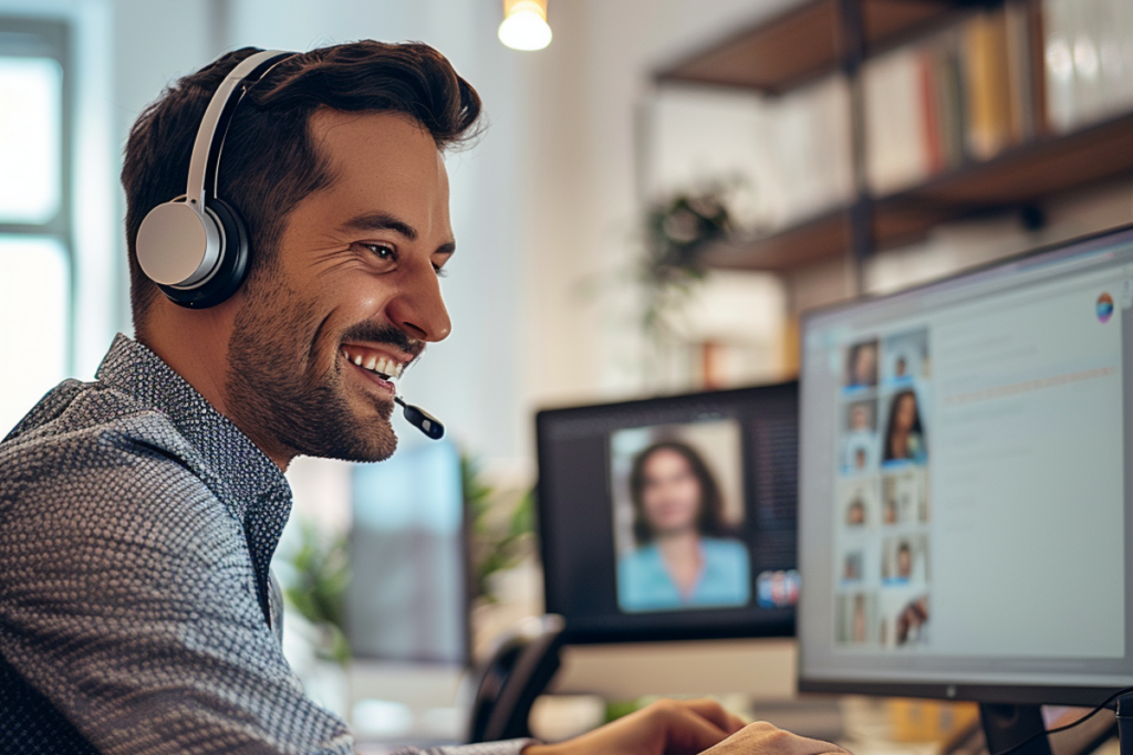 Smiling male employee using video conferencing technology for remote work, showcasing effective communication and connectedness in the digital age.