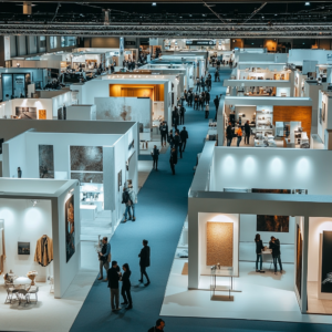 A trade show in a large conference room where vendors are using audio-visual equipment to show off their products and showcase their brand.