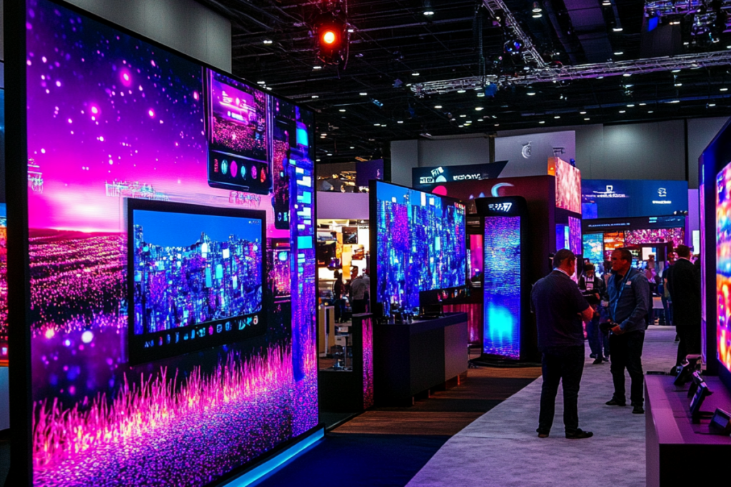 Vibrant LED displays showcasing multimedia content at a trade show, highlighting advanced AV solutions for exhibitors.