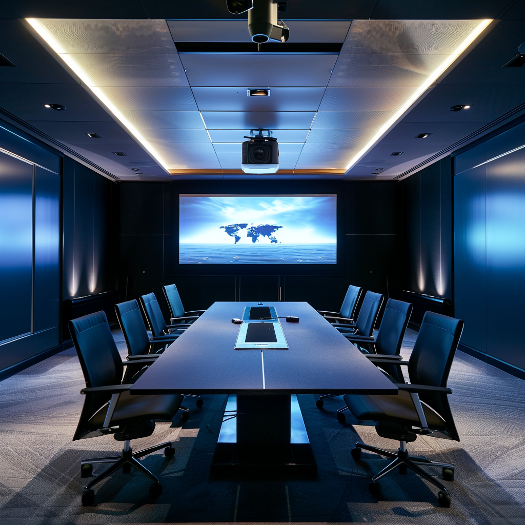 A modern boardroom with all the necessary audiovisual technology showcases the breadth of what is an AV installer and what they are responsible for.