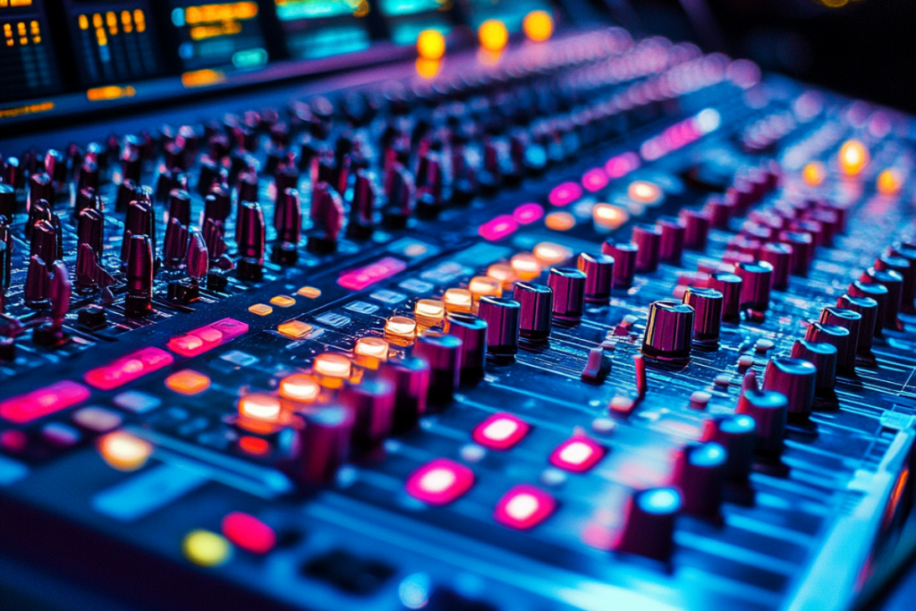 Close-up of a professional audio mixing console, highlighting the type of AV equipment available for rent or purchase.