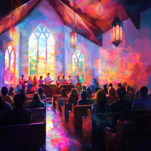 A church congregation experiences a service with colorful lighting and clear audio, demonstrating advanced AV solutions that enrich worship for youth ministries.