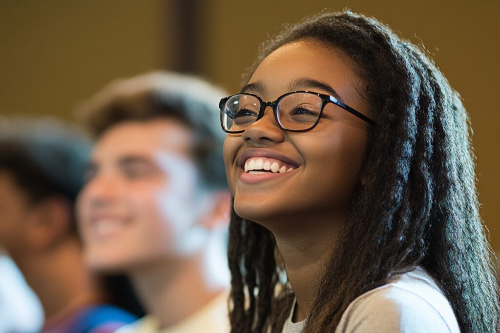 A joyful young girl participates in a youth ministry session, enjoying the clear and inclusive audiovisual setup that enhances learning and engagement.