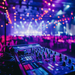 A sound board bathed in purple and blue lights from a live event.