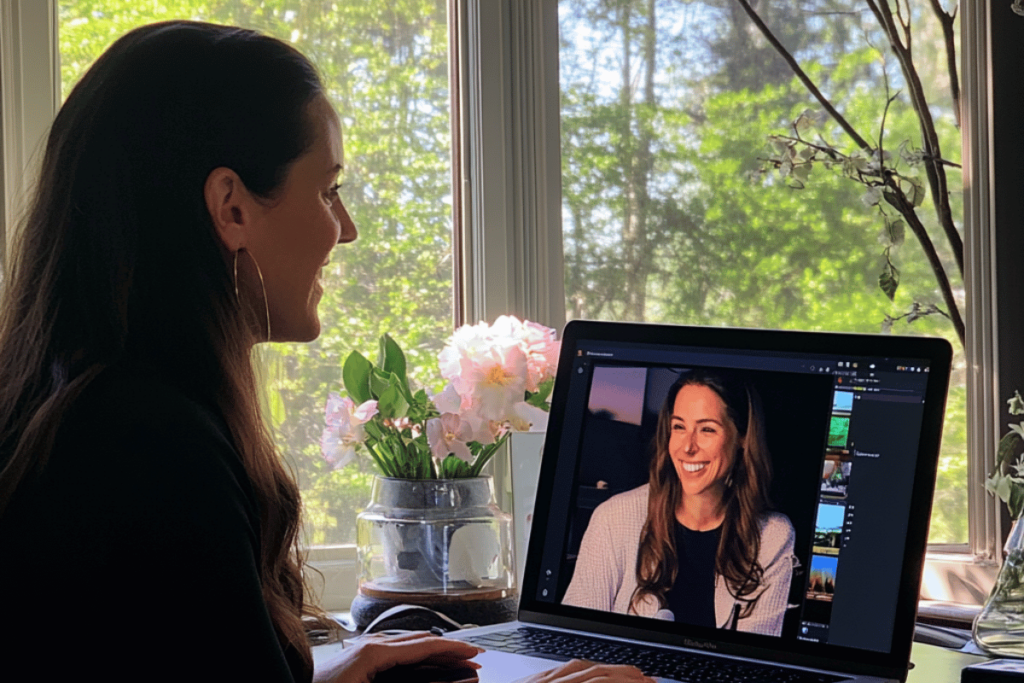 An educator interacting with a student via video conferencing software on a laptop, highlighting the use of technology in live-streamed educational sessions.