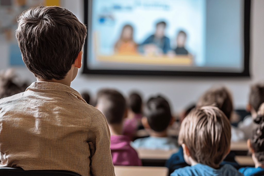 Children in a classroom watching a live-streamed educational event on a large screen, focusing on student engagement during remote learning.