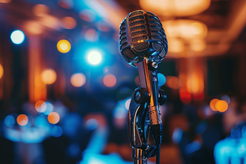 Microphone on a stand under spotlight at a live event venue, ready for a performance, emphasizing the importance of quality sound equipment in event success.