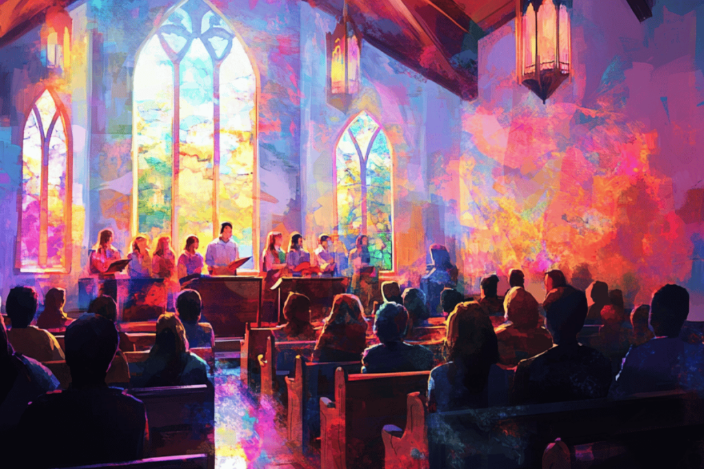 Digital art of a church service with adults and children worshipping together, showcasing AV solutions for youth ministries.