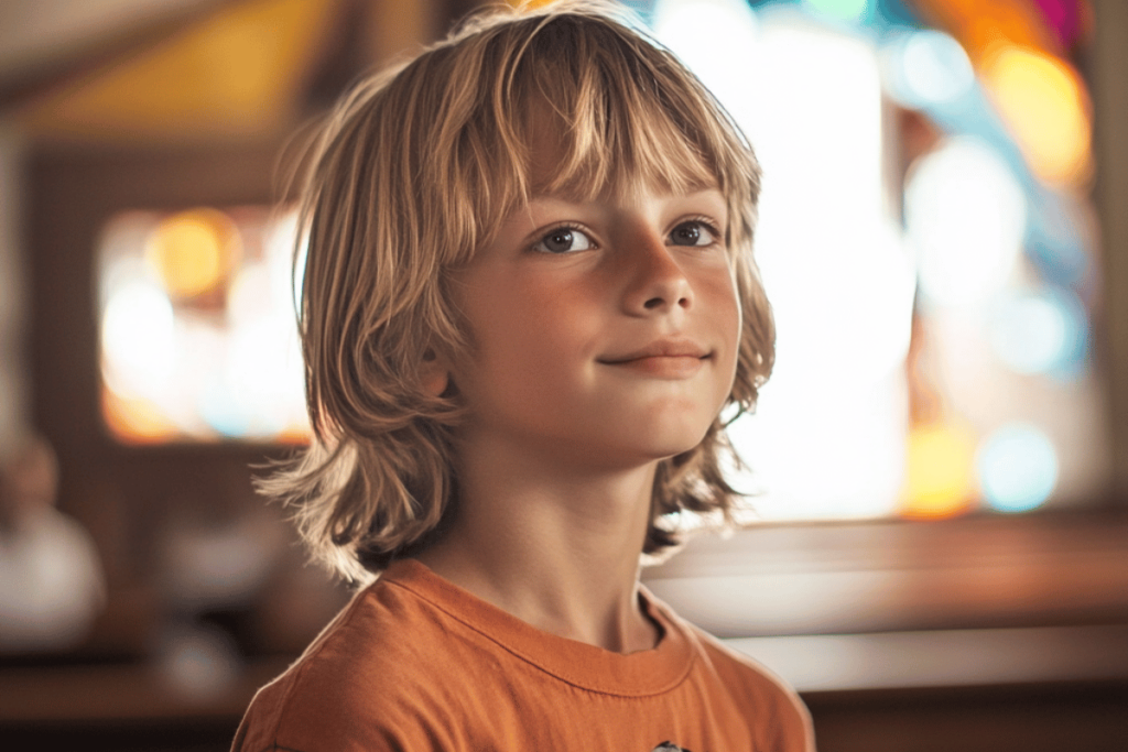 A young boy smiles in a church, illuminated by natural light filtering through stained glass windows, showcasing the effective use of ambient AV lighting in youth ministries.